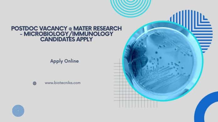 Postdoc Vacancy @ Mater Research - Microbiology/Immunology Candidates Apply