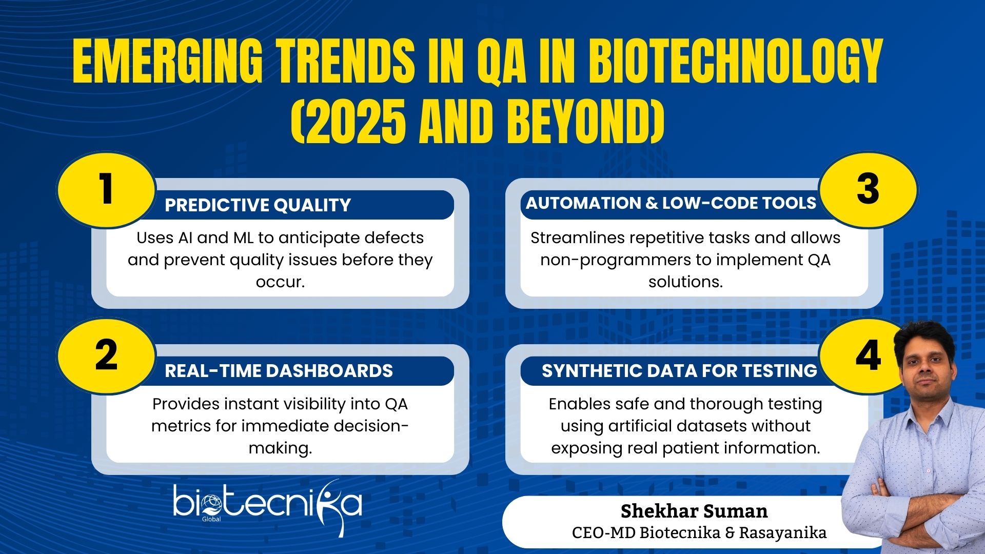 Quality Assurance in Biotechnology The Future of QA in the Global Biotech Industry. Mind map of emerging trends in biotechnology Quality Assurance for 2025 and beyond, highlighting predictive quality with AI, real-time dashboards, automation and low-code tools, and synthetic data for safe testing.