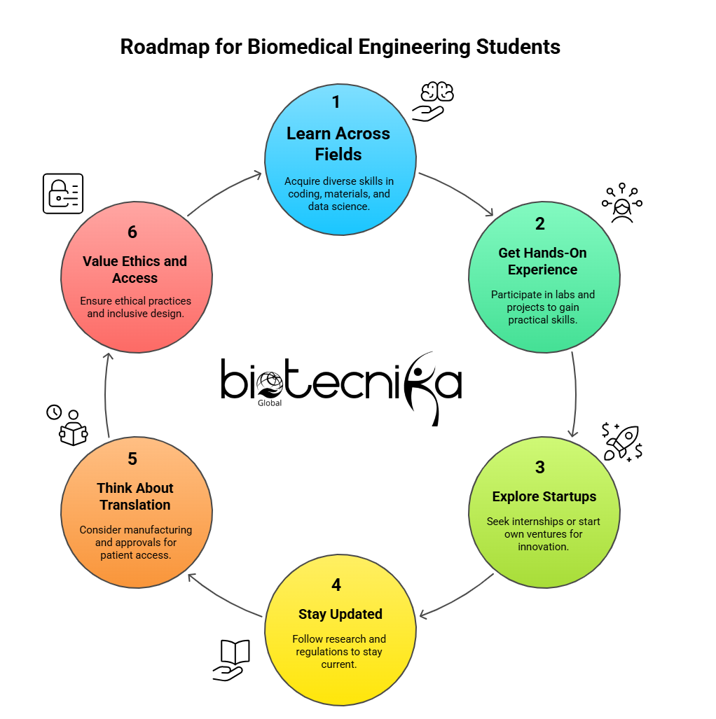 Roadmap for Students in Biomedical Engineering - visual selection. Biomedical Engineering Innovations Shaping the Future of Healthcare. Mind map showing key steps for life science students to build careers in biomedical engineering innovations, including cross-domain learning, hands-on projects, startup experience, staying updated, focusing on translation, valuing ethics, and driving impact.