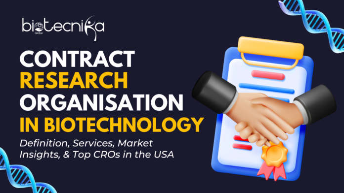 Contract Research Organisation (CRO) in Biotechnology Definition, Services, Market Insights, and Top CROs in the USA. Illustration of biotech researchers collaborating with a Contract Research Organisation (CRO) on clinical trials and lab research.