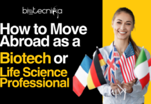 How to Move Abroad as a Biotech or Life Science Professional A smiling biotech professional holding multiple international flags, representing global career opportunities. The text on the image reads “How to Move Abroad as a Biotech or Life Science Professional,” highlighting international mobility for life science and biotechnology jobs.