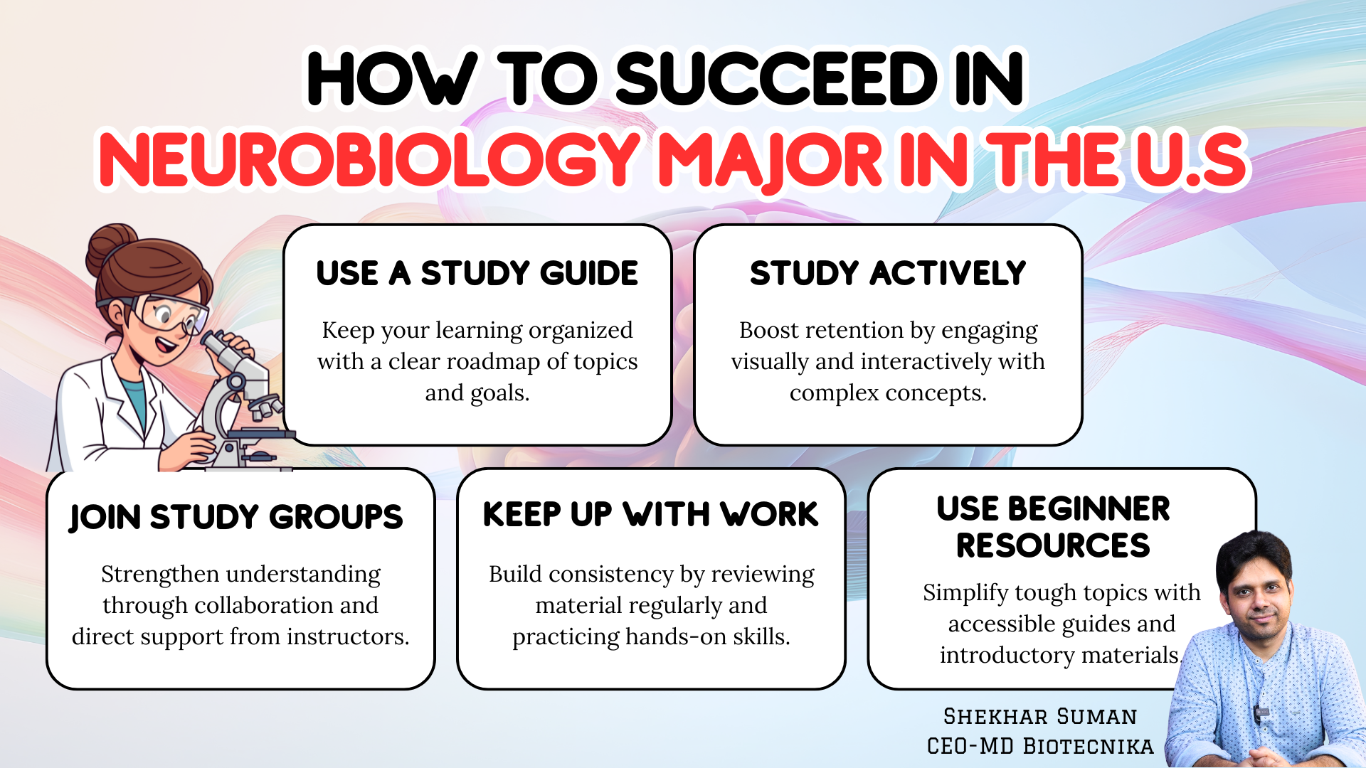 Illustrated mindmap-style infographic titled “How to Succeed in Neurobiology Major in the U.S.” showing a female scientist with a microscope on the left and a male professional on the right, with five connected boxes listing tips: use a study guide, study actively, join study groups, keep up with work, and use beginner resources, each with a short description, plus the name and title “Shekhar Suman, CEO‑MD Biotecnika” at the bottom.