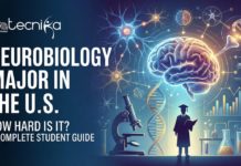 Neurobiology Major in the U.S.: How Hard Is It? A Complete Student Guide Neurobiology major in the U.S. featured banner image showing a glowing human brain, neurons, DNA double helix, microscope, lab glassware, graphs, and a silhouette of a graduating student in a cap and gown reading a book, with the text “Neurobiology Major in the U.S. – How Hard Is It? A Complete Student Guide” and the Biotecnika Global logo on a dark blue background.