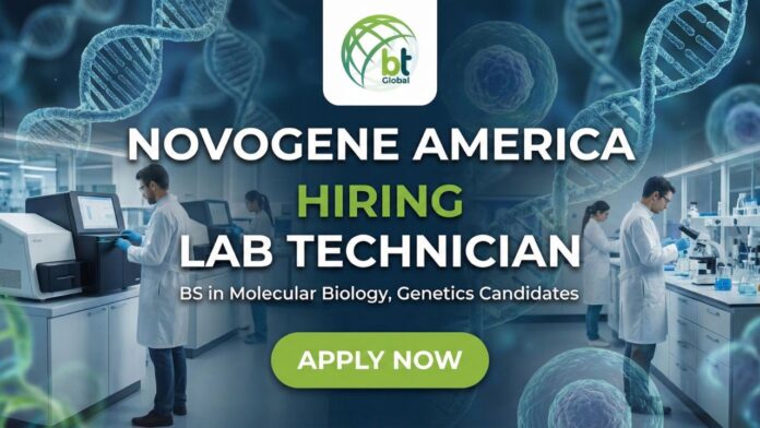 Lab technician working in a modern Novogene America laboratory handling molecular biology and genetics samples.