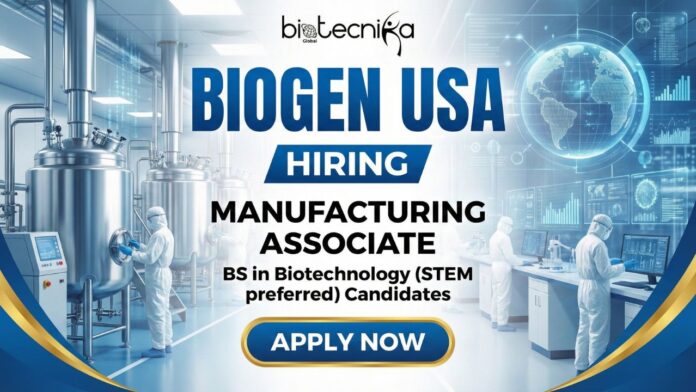 Biogen Manufacturing Associate IV working in a biotechnology cleanroom environment at RTP, NC