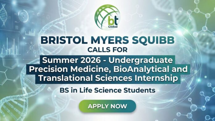 Poster featuring the Summer 2026 Bristol Myers Squibb Internship in Precision Medicine and Translational Sciences for undergraduate students, showcasing laboratory research and hands-on learning opportunities.