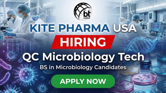 Technician performing QC microbiology testing in a GMP cleanroom at Kite Pharma.