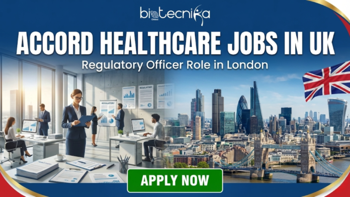 Accord Healthcare Jobs in UK | Apply for Regulatory Officer Role. A wide, corporate-style featured image for a job posting. The top center features the 