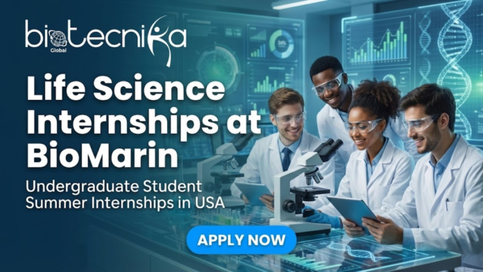 Life Science Internship at BioMarin USA Featured image for job recruitment displaying the Biotecnika Global logo. Large, bold blue text reads 'Clinical Research Jobs at IQVIA' with the subtitle 'Life Science Jobs In USA'. The background depicts a modern, high-tech corporate setting with a team of professionals in white lab coats collaborating around a table featuring holographic data visualizations, DNA strands, and a digital globe. A blue 'Apply Now' button with an arrow is positioned at the bottom center.