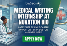 Medical Writing Internship at Nuvation Bio | Latest Life Science Career Opportunities in Boston and New York Medical Writing Internship at Nuvation Bio. Latest Life Science Career Opportunities in Boston and New York. Jobs In USA. A horizontal featured image for a job posting titled "Medical Writing Internship at Nuvation Bio" with the subtitle "Latest Life Science Career Opportunities in Boston and New York." The top of the graphic displays the Biotecnika Global logo. The visual theme illustrates a professional corporate setting suitable for medical writing, featuring scientific elements or digital interfaces, and includes a prominent "Apply Now" button at the bottom.