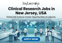 Clinical Research Jobs in New Jersey, USA | Global Life Science Career Opportunities at Labcorp linical Research Jobs in New Jersey, USA. Featured image for Clinical Research Jobs in New Jersey, USA. The graphic displays the Biotecnika Global logo at the top, followed by the text "Global Life Science Career Opportunities at Labcorp." The background features a modern, high-tech clinical laboratory with scientists working, and a blue "APPLY NOW" button is centered at the bottom.