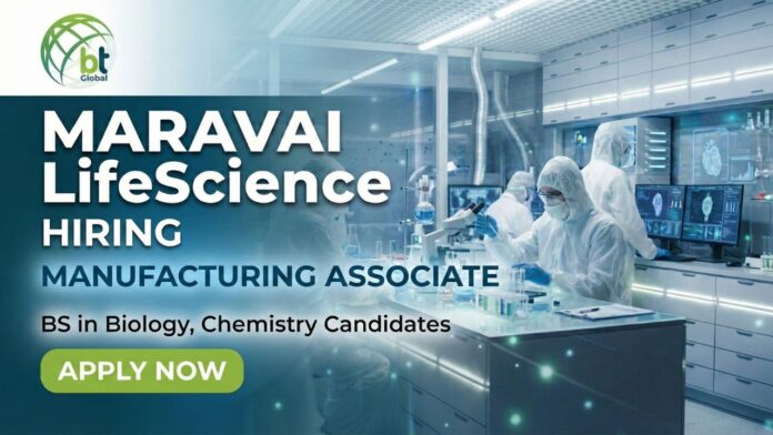 Manufacturing Associate working in a laboratory at Maravai LifeSciences preparing reagents and materials.