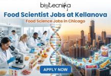 Food Science Job Opportunity in Chicago USA | Join as a Food Scientist at Kellanova Food Science Job Opportunity in Chicago USA Join as a Food Scientist at Kellanova. Featured image displaying "Food Scientist Jobs at Kellanova" and "Food Science Jobs in Chicago" with the Biotecnika Global logo at the top and an Apply Now button at the bottom, set against a professional corporate background.