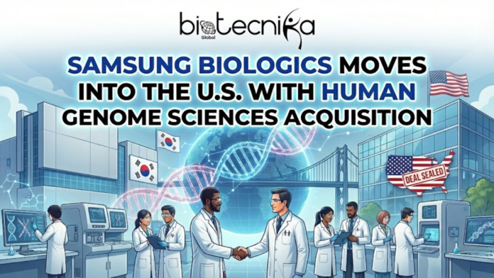 Samsung Biologics acquires Human Genome Sciences from GSK, gaining its first U.S. manufacturing site and expanding monoclonal antibody production capacity.