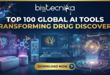 Top 100 Global AI Tools Transforming Drug Discovery You Must Know – Free Download Top 100 Global AI Tools Transforming Drug Discovery. Cover image showing AI-driven drug discovery with DNA helix, molecular structures, and neural network visuals for biotech students.