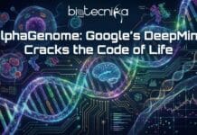 Decoding Life: How AlphaGenome from DeepMind Reads DNA’s Secrets Illustration of neon-blue DNA strands floating in dark fluid, symbolizing AI decoding genetics AlphaGenome DeepMind, synthetic biology, gene expression