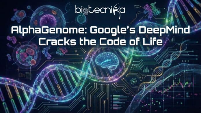 Illustration of neon-blue DNA strands floating in dark fluid, symbolizing AI decoding genetics AlphaGenome DeepMind, synthetic biology, gene expression