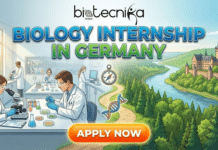 Biology Internship at Merck in Germany | Life Careers Opportunity You Can’t Miss in 2026 Biology Internship In Germany. A professional featured image for Biotecnika Global titled "BIOLOGY INTERNSHIP IN GERMANY" in bold blue and green letters. The graphic is split: the left side shows researchers in a modern laboratory, while the right side displays a scenic German landscape with a fairytale castle, a winding river, and a lush forest. A compass and DNA strand are centered on a path connecting the two scenes, with a large orange "APPLY NOW" button at the bottom.