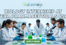 Biology Internship at Teva Pharmaceuticals | Explore Latest Internship Opportunities in USA Biology Internship at Teva Pharmaceuticals Internships in USA. A professional and vibrant featured image for an article titled "Biology Internship at Teva Pharmaceuticals USA." The Biotecnika Global logo is positioned at the top center. The visual features an enthusiastic young intern working alongside experienced scientists in a high-tech laboratory environment. The background displays a glowing digital map of the United States with interactive biological data visualizations. At the bottom center, a prominent green "APPLY NOW" button is clearly visible. The overall design is modern, engaging, and tailored for a life sciences audience.