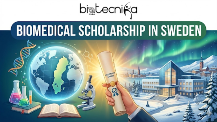 Biomedical Scholarship in Sweden Karolinska Institutet Offers Master’s scholarship. Biomedical Scholarship in Sweden,' depicting a hand holding a glowing research grant scroll against a snowy Swedish landscape with Northern Lights, DNA strands, and laboratory equipment.