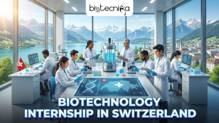 Biotechnology Internship in Switzerland Merck Offers Internship Opportunity for Life Science Students. A featured image with the Biotecnika Global logo centered at the top. The scene showcases a futuristic biotechnology laboratory nestled against a backdrop of the majestic, snow-capped Swiss Alps visible through a wide window. Inside the lab, a diverse team of scientists is collaborating on advanced research, with one researcher holding a test tube reflecting the clear blue sky. High-tech equipment like bioreactors and glowing digital displays of DNA sequences fill the room. Across the bottom, bold text reads 