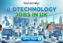 Biotechnology Jobs at GenScript UK | Molecular Biology Career Opportunities Biotechnology Jobs at GenScript UK | Molecular Biology Career Opportunities. Alt Text: A professional featured image titled "BIOTECHNOLOGY JOBS IN UK" in large green and blue text with an integrated DNA helix. The Biotecnika Global logo is centered at the top. The illustration shows a modern, high-tech laboratory with diverse scientists working on computers, microscopes, and robotic equipment, analyzing data on large screens. Background elements include a map of the UK labeled "Science Innovation Hub" and large windows overlooking London landmarks like Big Ben, the Houses of Parliament, and a red double-decker bus. A prominent glowing blue "APPLY NOW" button is located at the bottom center.