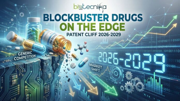 Chart showing top 20 drugs approaching the patent cliff between 2026 and 2029 patents expire, Patent Protection, biopharma industry, immunological diseases, patent portfolio