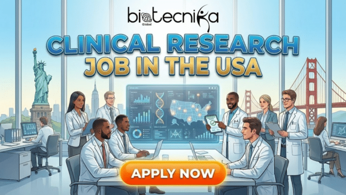 Clinical Research Job in the USA ICON Hiring Life Science Gradates. A promotional graphic for Biotecnika Global, featuring the title