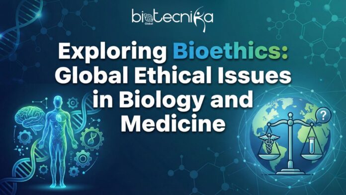 Illustration showing Bioethics and ethical principles in Biology and Medicine Biological research