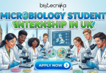 Microbiology Student Internship In UK | AstraZeneca Calls Out for Life Science Students Microbiology Student Internship at AstraZeneca UK. A vibrant and professional featured image for an article titled "MICROBIOLOGY STUDENT INTERNSHIP IN UK," displayed in large blue and green text. The Biotecnika Global logo is centered at the top. The illustration shows a diverse group of six smiling students in lab coats and safety goggles working with microscopes and petri dishes in a modern laboratory. In the background, a large window overlooks iconic London landmarks like Big Ben and a double-decker bus, with a digital map of the UK on a screen. At the bottom center, a prominent blue and white "APPLY NOW" button is visible. The overall style is cheerful and educational.