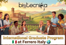 International Graduate Program at Ferrero | Food Science Job Opportunities in Italy International Graduate Program at Ferrero | Food Science Job Opportunities in Italy. An engaging featured image for the "International Graduate Program at Ferrero Italy" with the Biotecnika Global logo at the top center. The scene showcases a diverse and enthusiastic group of young professionals in a sleek, modern corporate office environment. Through a large glass window, a glimpse of classical Italian architecture is visible under a clear blue sky. The image captures a sense of global opportunity, collaboration, and professional growth, designed to be visually striking and relatable for graduates.