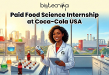 Food Science Internship in the USA | Coca-Cola Offers Paid QSE Internship Food Science Internship in USA | Coca-Cola Offers QSE Internship. An illustration for a "Paid Food Science Internship at Coca-Cola USA" by Biotecnika Global, featuring a professional food scientist working in a high-tech laboratory. The scientist is analyzing liquid samples in glassware, surrounded by modern testing equipment and digital displays. The Biotecnika Global logo is at the top center, and the title "Paid Food Science Internship at Coca-Cola USA" is written in bold black text at the bottom. Through a large window, a modern US city skyline is visible, emphasizing the location and the professional scale of the opportunity.