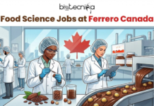 Food Science Jobs at Ferrero Canada | Apply Now For Laboratory Technician Role Food Science Jobs at Ferrero Canada Apply Now For Laboratory Technician Role. An illustration titled "Food Science Jobs at Ferrero Canada" by Biotecnika Global. The image depicts a modern food research laboratory where several scientists in white lab coats and hairnets are working. In the foreground, one scientist examines cocoa beans and hazelnuts, while another uses a tablet next to a Ferrero Rocher production line. The Canadian flag is visible through a large window in the background, along with Kinder, Nutella, and Ferrero branding.