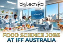 Food Science Jobs at IFF Australia | Latest Jobs Opportunity for Food Science Grads Food Science Jobs at IFF Australia Latest Jobs Opportunity for Food Science Grads. A featured image with the "Biotecnika Global" logo at the top center. Below it is a composite scene showing a modern food science laboratory filled with diverse scientists working with various ingredients, alongside a large window view of the Sydney Opera House, Harbour Bridge, and a kangaroo. A screen in the lab displays "IFF Australia: Innovating Taste & Scent.". Large, bold gold and blue text across the bottom reads "FOOD SCIENCE JOBS AT IFF AUSTRALIA".