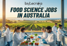 Food Science Jobs at Nestlé Australia | Recent Graduate Apply Now Food Science Jobs at Nestlé Australia Recent Graduate Apply Now. A professional featured image titled "FOOD SCIENCE JOBS IN AUSTRALIA" in large, bold text below the Biotecnika Global logo. The image depicts a brightly lit, modern food science laboratory filled with a diverse team of scientists in lab coats and safety glasses. They are using microscopes and various analytical instruments to study food samples like fresh vegetables. Massive floor-to-ceiling windows behind them reveal a panoramic view of a sun-drenched vineyard, agricultural fields, and the distant ocean coastline in Australia.