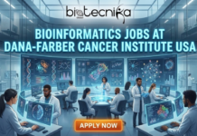 Fresher’s Job Alert: Bioinformatics Jobs at Dana-Farber Cancer Institute | Jobs in Boston Freshers Job Alert: Bioinformatics Jobs in Boston | Apply Now. A vibrant and professional featured image for "Bioinformatics Jobs at Dana-Farber Cancer Institute USA." The visual features a sophisticated blend of biological data visualizations, DNA double-helix structures, and complex computer code against a modern, high-tech background. The Biotecnika Global logo is positioned at the top center, and a prominent, glowing "APPLY NOW" button is located at the bottom. The overall design is unique and engaging, capturing the intersection of data science and advanced cancer research.