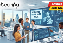 Fresher’s Job Alert | Clinical Trial Jobs at Thermo Fisher Scientific UK Fresher's Job Alert Clinical Trial Jobs at Thermo Fisher Scientific UK. A featured image with the "Biotecnika Global" logo at the top left and a red and yellow "Fresher's Job Alert" banner at the top right. Inside a modern office with a panoramic view of the London skyline, a diverse group of young professionals, some in lab coats, collaborate around screens displaying charts, a map of the UK, and the bold text "CLINICAL TRIAL JOBS IN UK".