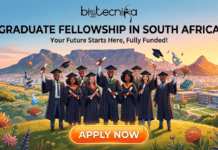 Graduate Fellowship in South Africa | Apply For Baldwin Fellowship by Leakey Foundation GRADUATE FELLOWSHIP IN SOUTH AFRICA. A featured image for Biotecnika Global titled "GRADUATE FELLOWSHIP IN SOUTH AFRICA" in bold black text. The illustration shows a diverse group of joyful graduates in academic robes holding diplomas against the backdrop of Table Mountain and a sunrise. The image includes the subtext "Your Future Starts Here, Fully Funded!" and a prominent orange "APPLY NOW" button at the bottom.