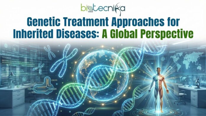 Genetic treatment approaches showing gene replacement and gene editing in inherited diseases