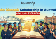 John Monash Scholarship In Australia: Get $300,000 to Study Anywhere Worldwide John Monash Scholarship In Australia Get $300,000 to Study Anywhere Worldwide. An illustration by Biotecnika Global promoting the "John Monash Scholarship In Australia". The image features a diverse group of smiling graduates in academic robes holding scrolls, gathered around a large, glowing open book from which a golden scroll is rising. In the background, under a sunny sky, are the Sydney Opera House, Harbour Bridge, a kangaroo, and a large university building. Text at the top reads "John Monash Scholarship In Australia" in gold and blue, with a red banner below stating "Get Upto $300,000".
