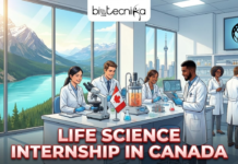 Life Science Internship in Canada | Roche Offers Paid Global Internship Opportunity Life Science Internship in Canada Roche Offers Paid Global Internship Opportunity. A featured image with the Biotecnika Global logo at the top center. The illustration shows a modern laboratory filled with diverse scientists working with microscopes and biotech equipment. Large windows in the background offer panoramic views of Canadian scenery: majestic mountains and a lake on the left, and the Toronto city skyline featuring the CN Tower on the right. A Canadian flag is on a workbench, and a monitor displays a DNA helix combined with a maple leaf. Large, bold red and white text across the bottom reads "LIFE SCIENCE INTERNSHIP IN CANADA".