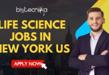 Life Science Jobs at Deallus | Join as a Life Science Associate in New York City Life Science Jobs at Deallus Join as a Life Science Associate in New York City. An professional and engaging featured image for "Life Science Jobs in New York US" by Biotecnika Global. On the right side, a smiling young man in a professional dark suit stands with his arms crossed against a background of abstract blue and yellow shapes. The center-left of the image features large, bold yellow text that reads "LIFE SCIENCE JOBS IN NEW YORK US." The background showcases a darkened, atmospheric view of the New York City skyline, including the Empire State Building. The Biotecnika Global logo is placed at the top center in white, and a red "APPLY NOW" button with a white clicking cursor is located at the bottom left.