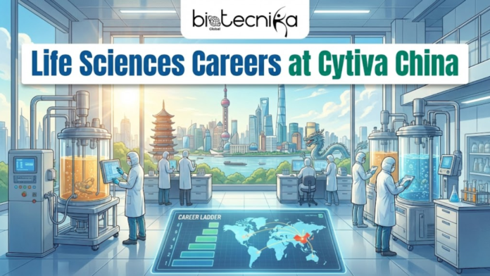 Life Sciences Careers in China Cytiva Offers Bamboo Program 2026. An illustration by Biotecnika Global titled 