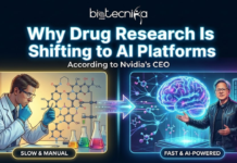 Why Drug Research Is Shifting to AI Platforms, According to Nvidia’s CEO Why Drug Research Is Shifting to AI Platforms, According to Nvidia’s CEO. A dynamic, split-screen featured image for an article titled "Why Drug Research Is Shifting to AI Platforms, According to Nvidia’s CEO," with the "biotecnika Global" logo at the top center. The left side, labeled "SLOW & MANUAL," depicts a scientist in a traditional lab setting meticulously examining a chemical structure with beakers and flasks. An arrow points to the right side, labeled "FAST & AI-POWERED," where a stylized depiction of Nvidia’s CEO, Jensen Huang, stands next to a glowing digital brain and advanced server racks, symbolizing the transition to artificial intelligence in life sciences.