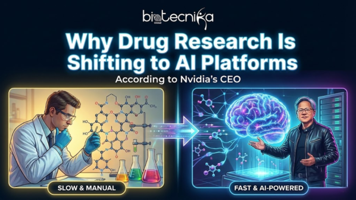 Why Drug Research Is Shifting to AI Platforms, According to Nvidia’s CEO. A dynamic, split-screen featured image for an article titled 