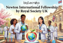 Newton International Fellowship 2026 | Explore Royal Society UK Fellowships Today Newton International Fellowship 2026 Royal Society UK Fellowship. An inspiring featured image for the "Newton International Fellowship by Royal Society UK" by Biotecnika Global, with the logo at the top center. The visual features a diverse group of young scientists in white lab coats, with a symbolic glowing apple containing a world globe in the foreground, representing scientific discovery and international collaboration. The background showcases a classic British architectural building and the Union Jack flag under a bright, sunny sky with cherry blossoms. The title is written in bold black text, creating a professional and attractive look for the fellowship announcement.