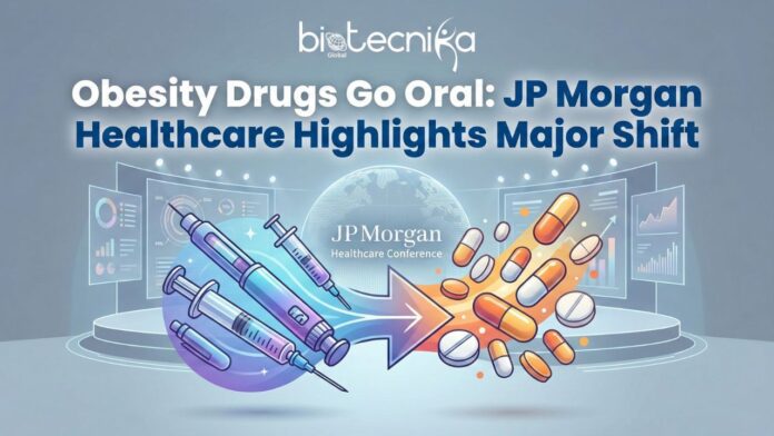 Healthcare conference stage showing discussions on obesity drugs, oral weight-loss pills, and AI in drug discovery JP Morgan Healthcare, Oral obesity medicine, Novo Nordisk