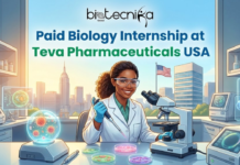 Paid Biology Internship in the USA | Latest Internship Opportunity at Teva Pharmaceuticals Paid Biology Internship in the USA Latest Internship Opportunity for Biology Graduates at Teva. An illustration for a "Paid Biology Internship at Teva Pharmaceuticals USA" by "biotecnika Global," featuring a smiling young woman in a lab coat and safety glasses holding a pipette. She is seated at a laboratory bench with a microscope and petri dishes, against a backdrop of a modern city skyline with a Teva building and an American flag.