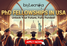 PhD Fellowships in USA | Application Invited For GEM National Scholarships Program PhD Fellowships in USA GEM National Scholarships Program. A vibrant featured image for Biotecnika Global titled "PhD FELLOWSHIPS IN USA." The graphic shows a diverse group of graduates in academic robes looking through a large arched window at iconic American landmarks like the U.S. Capitol and the Statue of Liberty. The text "Unlock Your Future, Fully Funded!" is displayed prominently alongside floating books and diplomas.