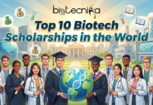 Top 10 Biotech Scholarships in the World Top 10 Biotech Scholarships in the World. A vibrant, horizontal featured image titled "Top 10 Biotech Scholarships in the World" with the "biotecnika Global" logo centered at the top. The illustration features a diverse group of smiling students and young professionals in graduation gowns and lab coats standing in front of a modern university campus and biotech research facility. In the center, two students hold a globe featuring a glowing DNA double helix overlay. Floating speech bubbles around them contain icons of money bags (representing funding), DNA strands, and open books. The overall scene is bright and aspirational, set against a clear blue sky with a rising sun effect.